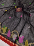Black Banarasi Handloom Pure Linen Silk Saree - Aura Benaras