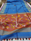 Blue Banarasi Handloom Pure Linen Silk Saree - Aura Benaras