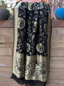 Black Pure Banarasi Handloom Georgette Dupatta - Aura Benaras