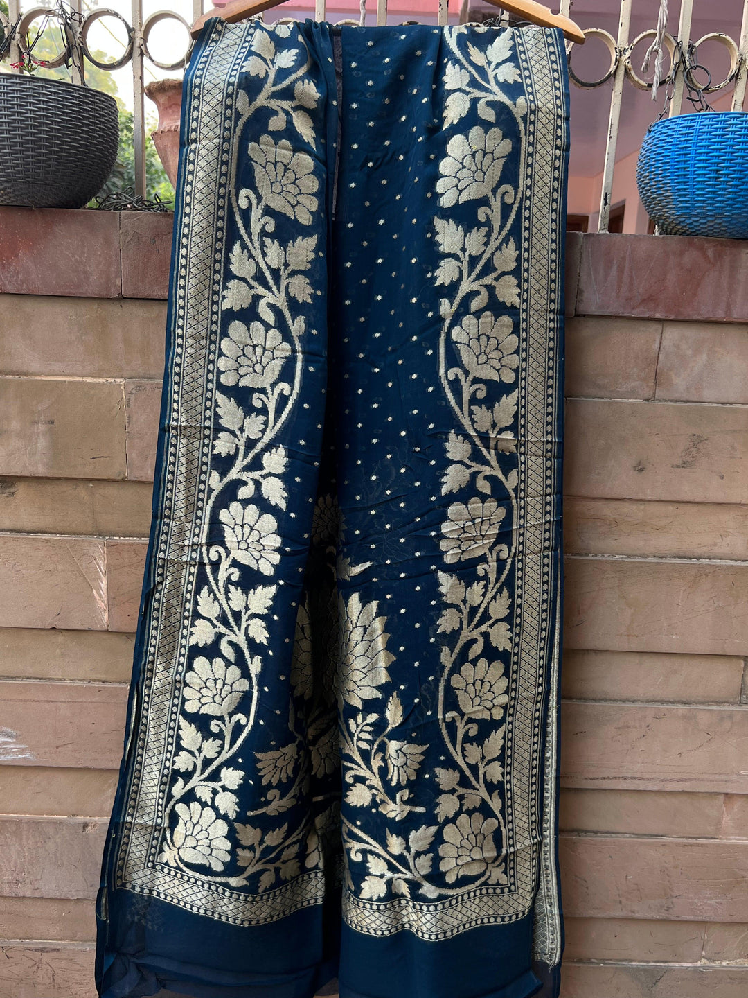 Teal Green Pure Banarasi Handloom Georgette Dupatta - Aura Benaras