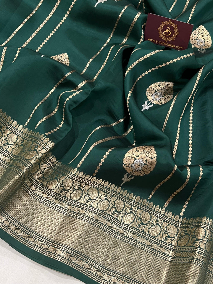 Bottle Green Pure Banarasi Handloom Silk Saree - Aura Benaras