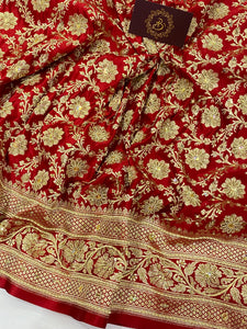 Red Zardozi Jaal Banarasi Handloom Satin Silk Saree