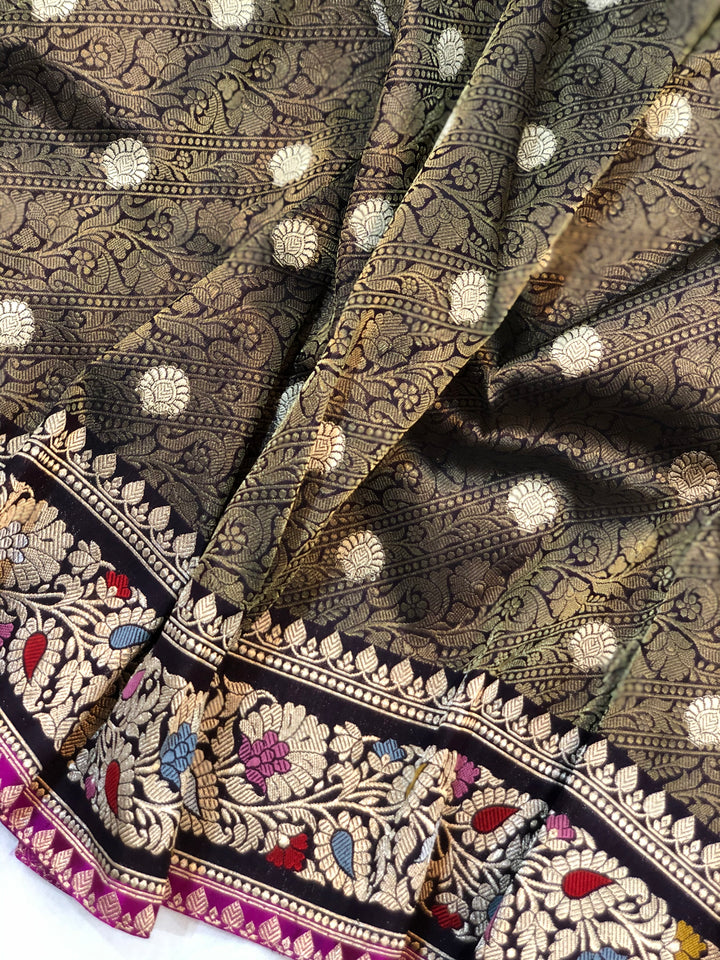 Deep Jamuni Jawamar Banarasi Pure Handloom Katan Silk Saree - Aura Benaras