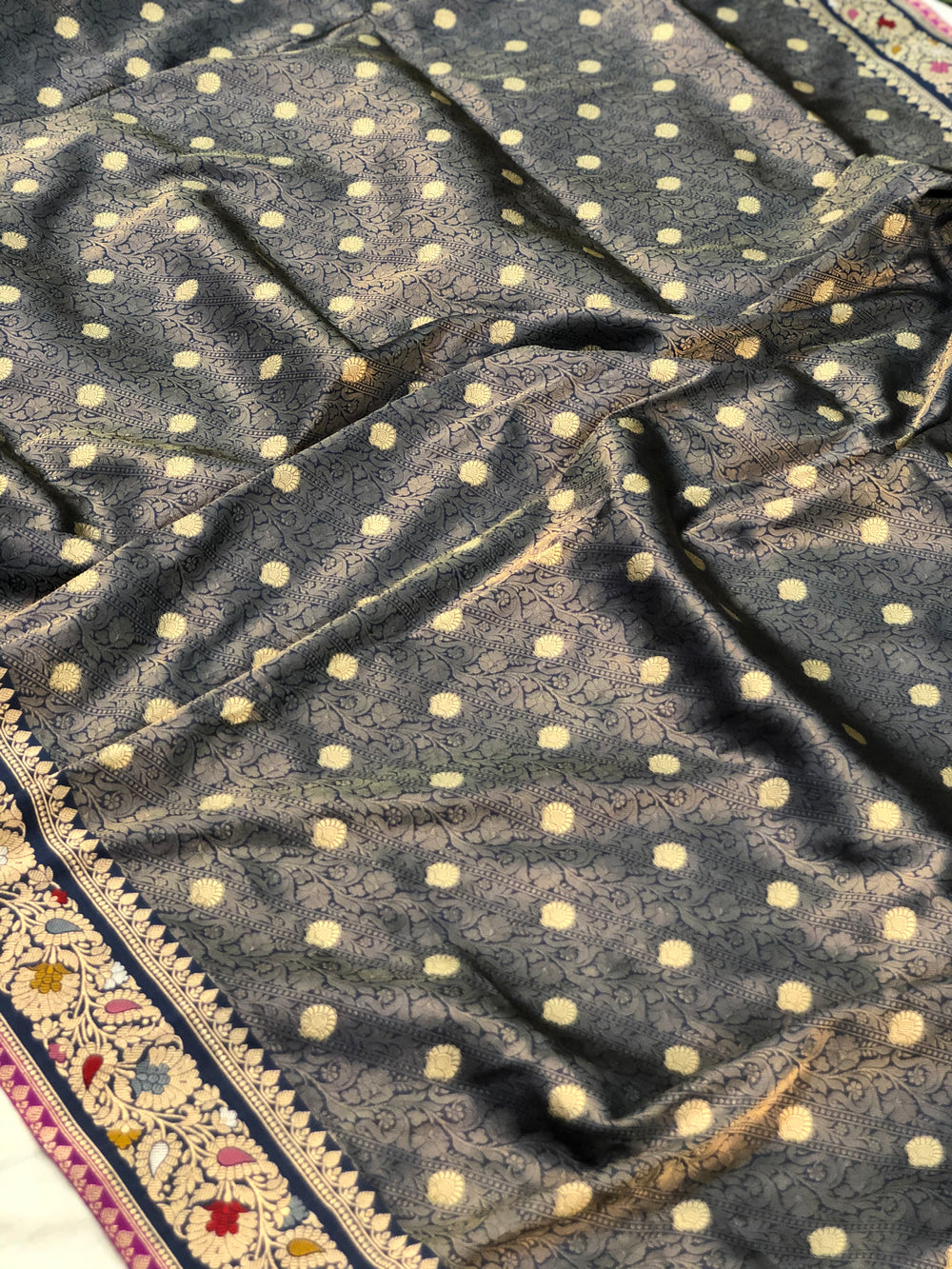 Steel Grey Jawamar Banarasi Pure Handloom Katan Silk Saree - Aura Benaras