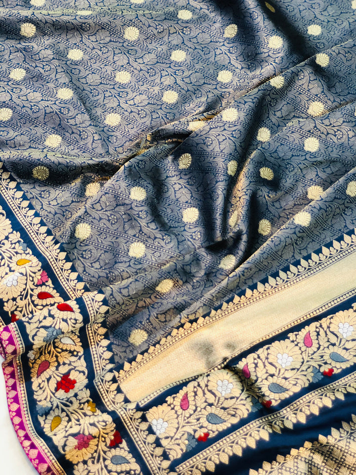 Steel Grey Jawamar Banarasi Pure Handloom Katan Silk Saree - Aura Benaras