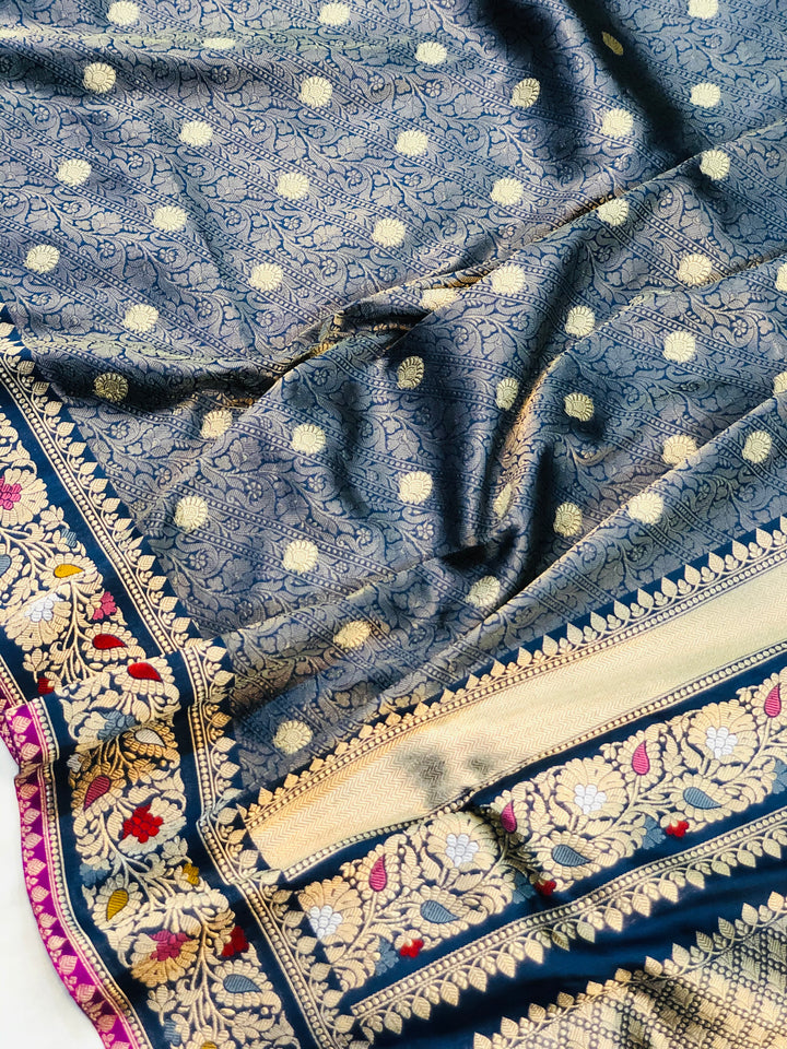 Steel Grey Jawamar Banarasi Pure Handloom Katan Silk Saree - Aura Benaras