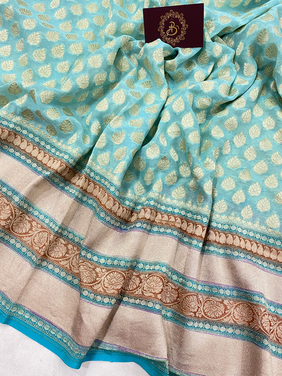 Firozi Blue Pure Banarasi Khaddi Georgette Saree -  Aura Benaras