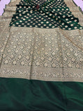 Bottle Green Banarasi Handloom Soft Silk Saree - Aura Benaras