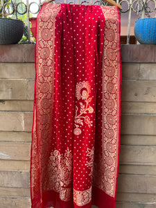 Red Pure Banarasi Handloom Georgette Dupatta - Aura Benaras