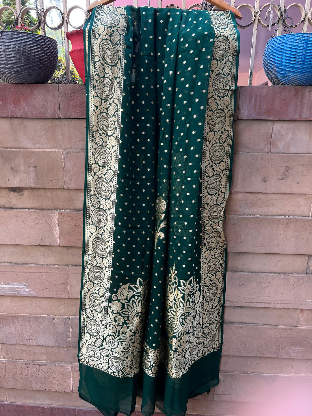 Bottle Green Pure Banarasi Handloom Georgette Dupatta - Aura Benaras