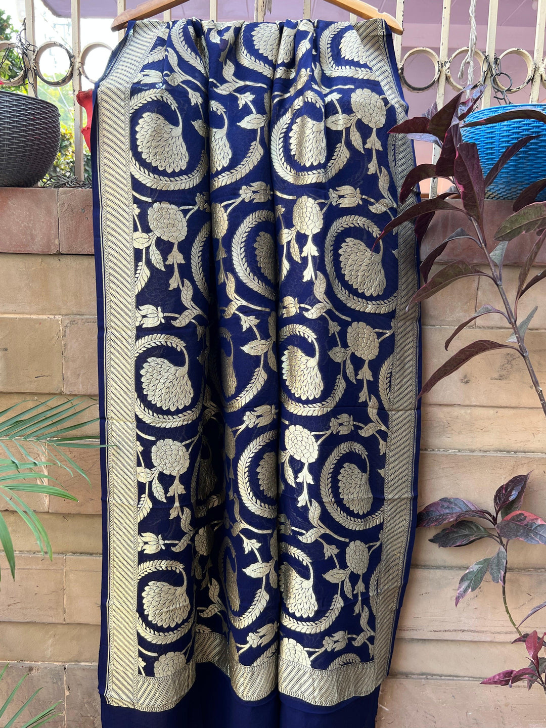 Teal Blue Pure Banarasi Handloom Georgette Dupatta - Aura Benaras