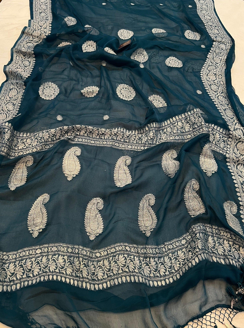 Teal Green Khaddi Chiffon Banarasi Handloom Saree - Aura Benaras