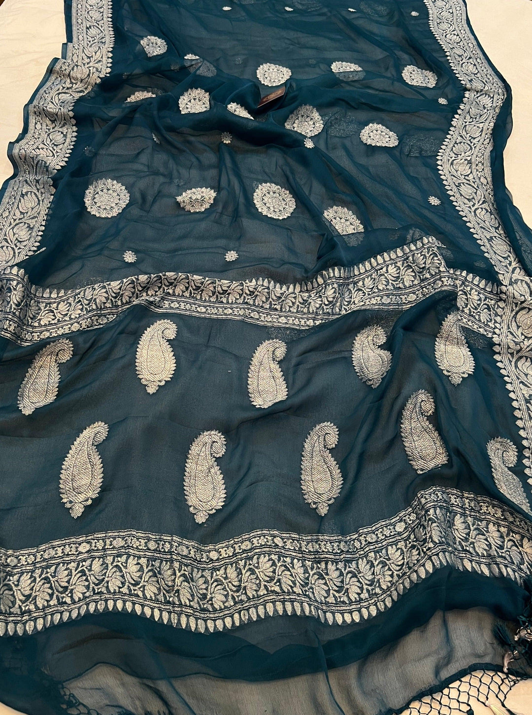 Teal Green Khaddi Chiffon Banarasi Handloom Saree - Aura Benaras