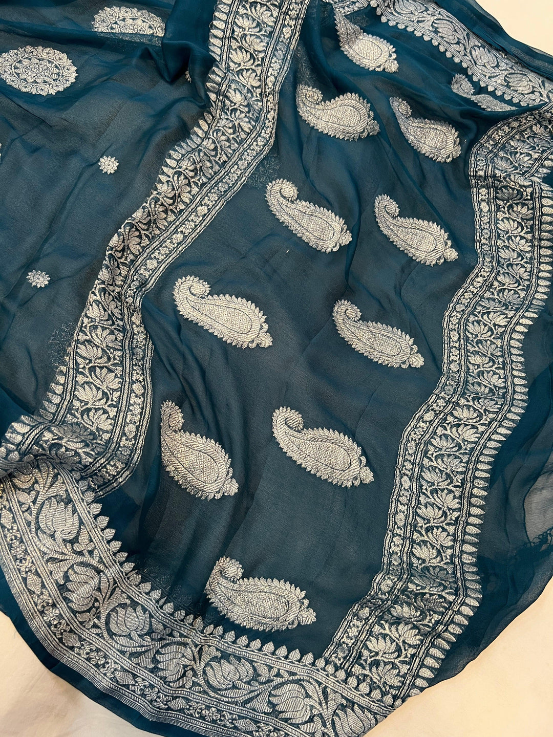 Teal Green Khaddi Chiffon Banarasi Handloom Saree - Aura Benaras