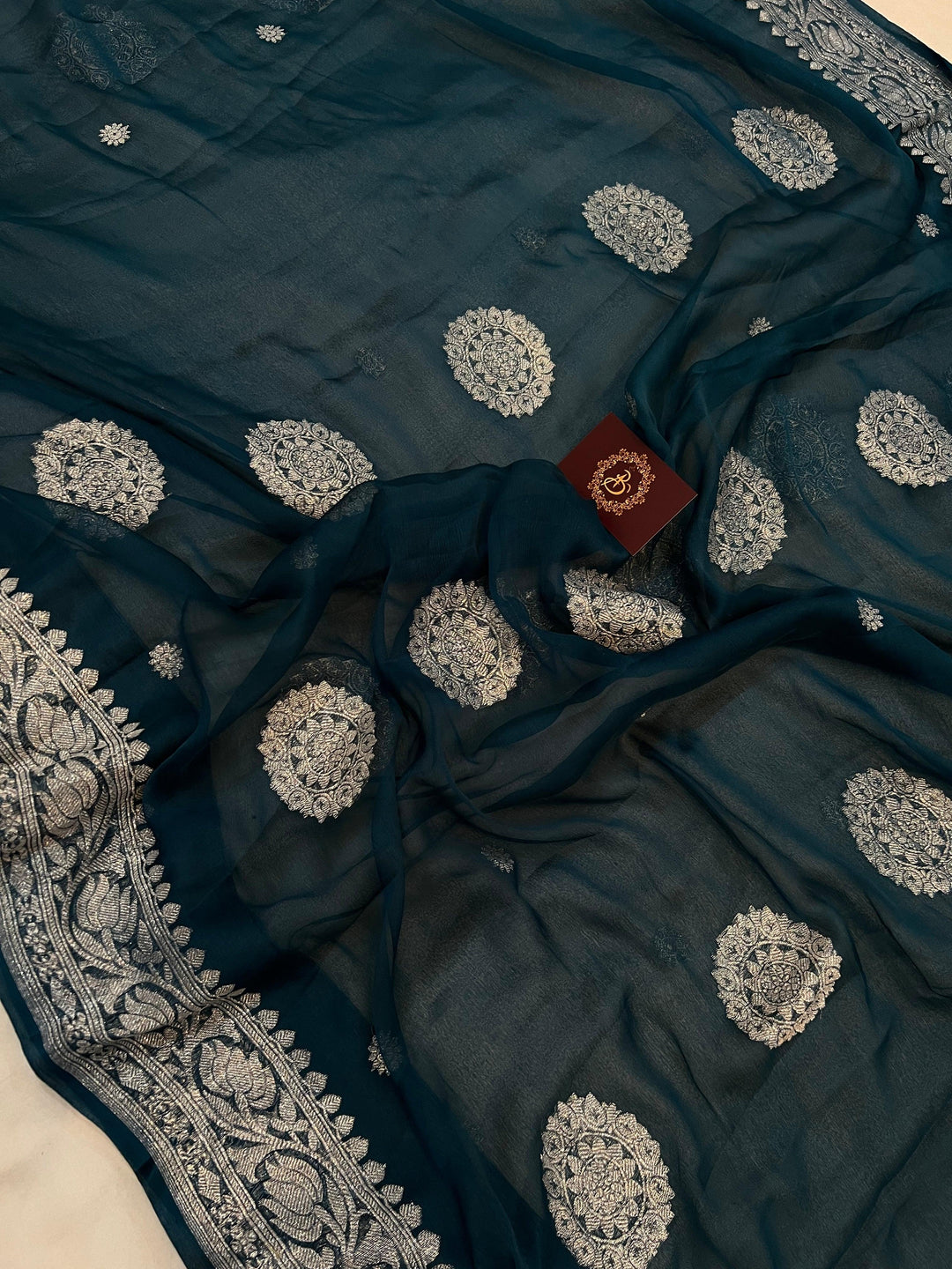 Teal Green Khaddi Chiffon Banarasi Handloom Saree - Aura Benaras