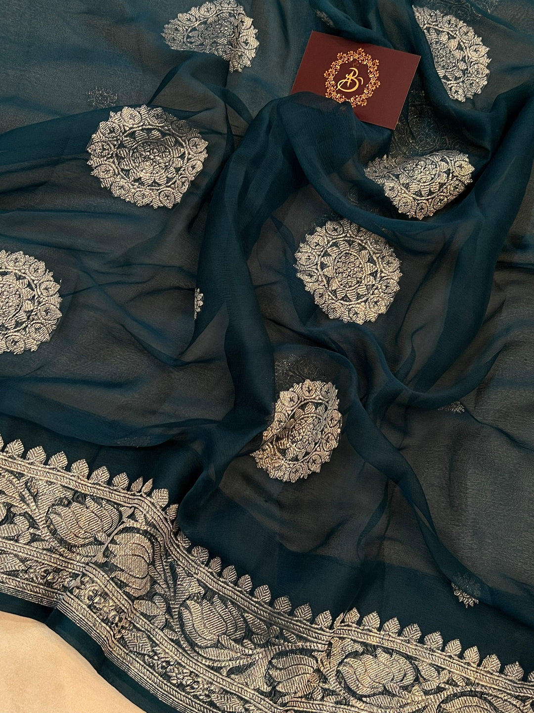 Teal Green Khaddi Chiffon Banarasi Handloom Saree - Aura Benaras