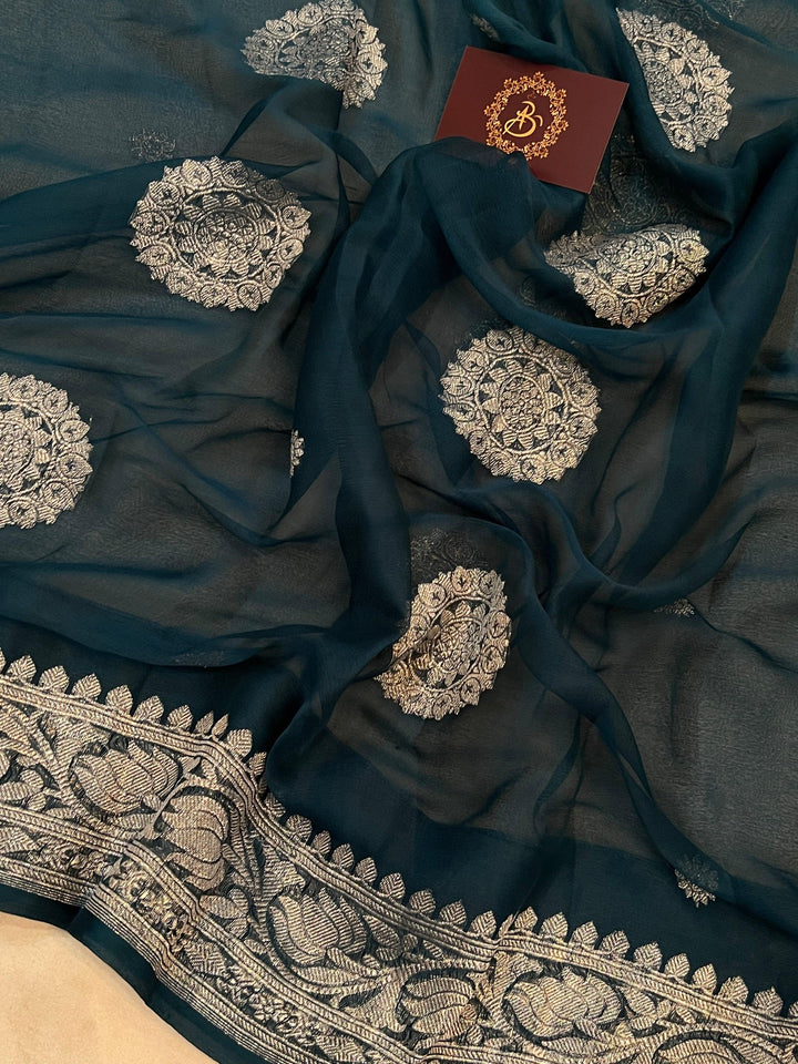 Teal Green Khaddi Chiffon Banarasi Handloom Saree - Aura Benaras