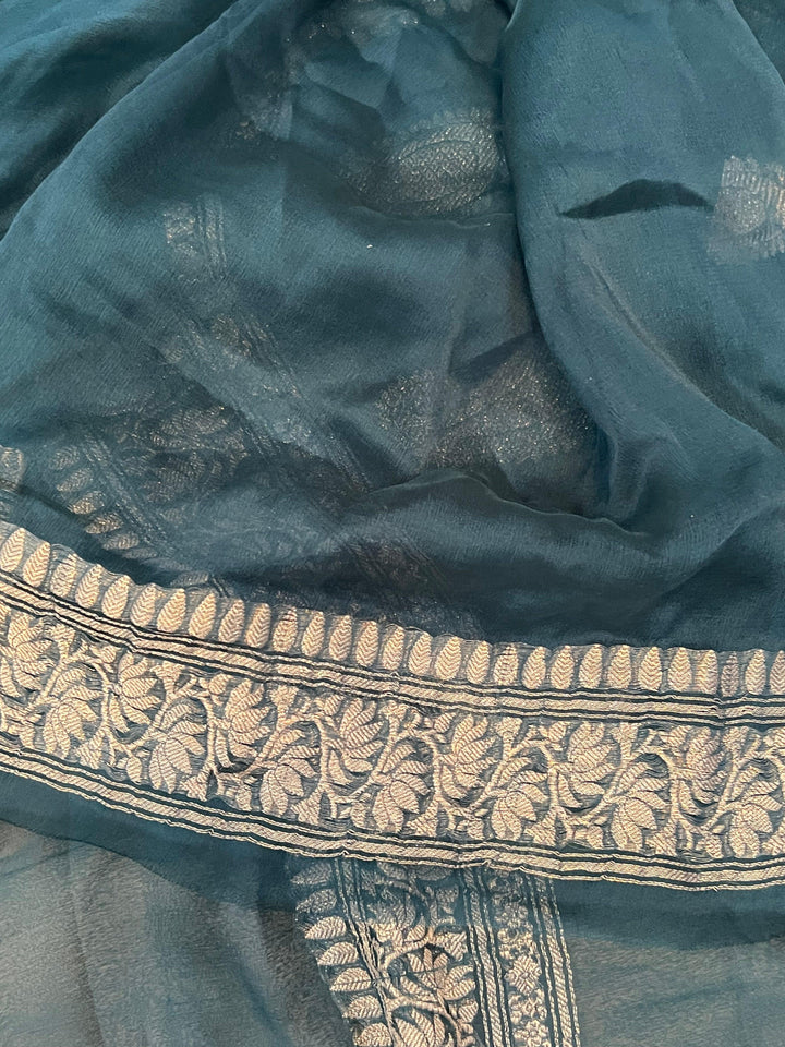 Teal Green Khaddi Chiffon Banarasi Handloom Saree - Aura Benaras