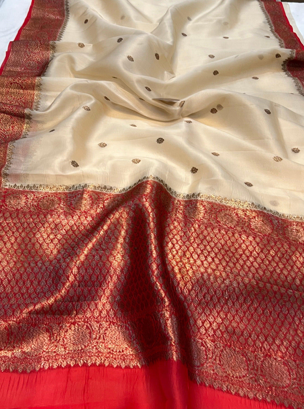 Beige Banarasi Handloom Kora Silk Saree - Aura Benaras