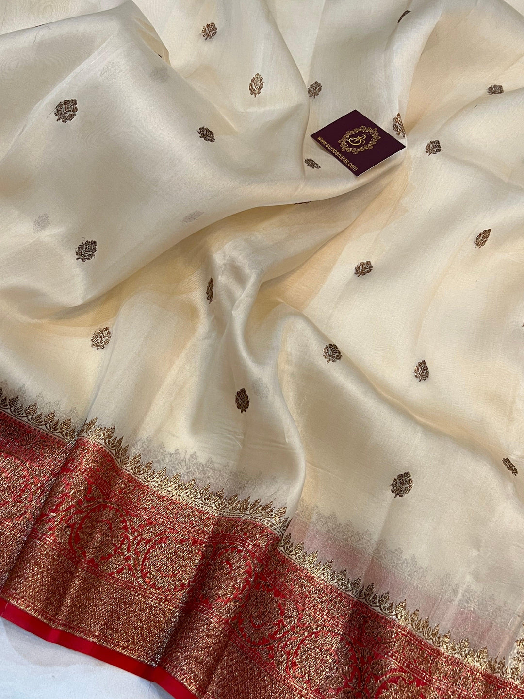 Beige Banarasi Handloom Kora Silk Saree - Aura Benaras