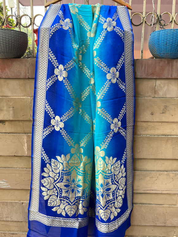 Blue Shaded Pure Banarasi Handloom Georgette Dupatta - Aura Benaras