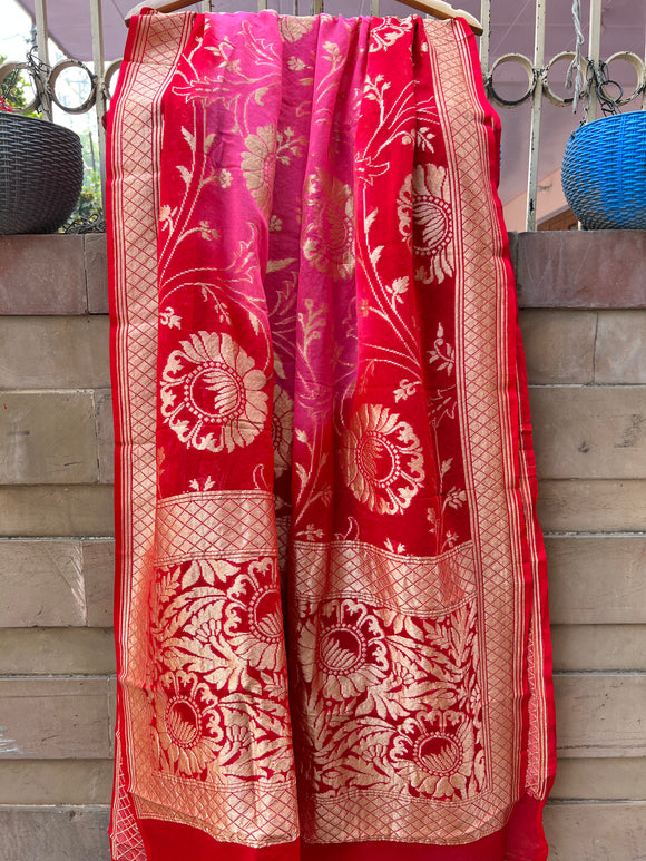 Pink Red Shaded Pure Banarasi Handloom Georgette Dupatta - Aura Benaras