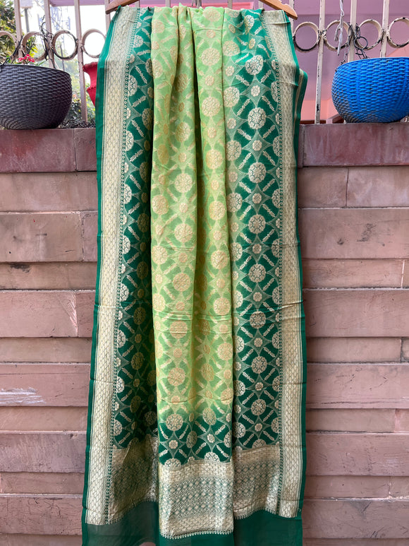 Green Shaded Pure Banarasi Handloom Georgette Dupatta - Aura Benaras