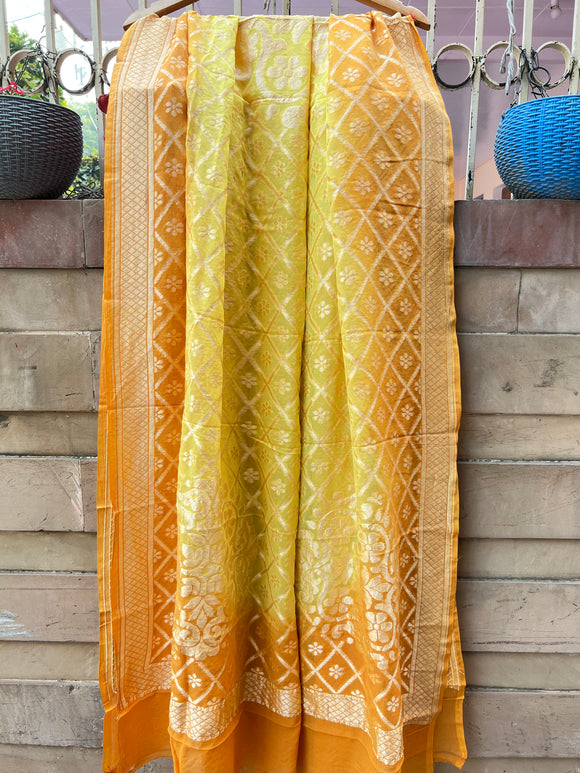 Yellow Shaded Pure Banarasi Handloom Georgette Dupatta - Aura Benaras