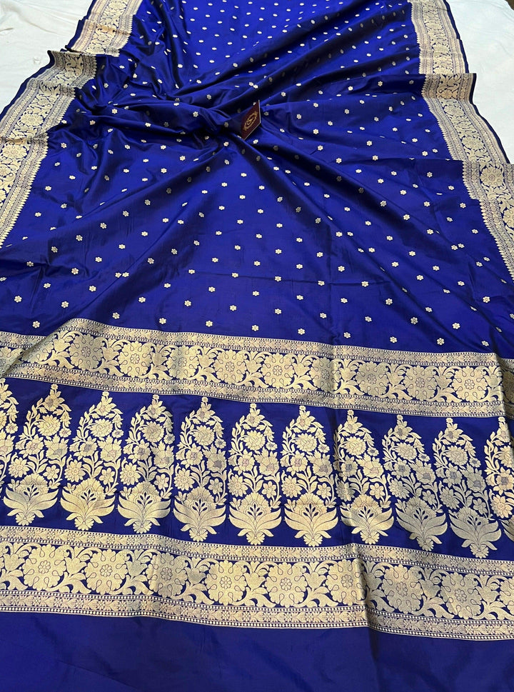 Deep Royal Blue Pure Banarasi Handloom Katan Silk Saree - Aura Benaras