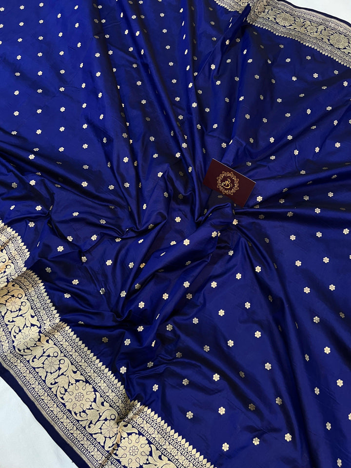 Deep Royal Blue Pure Banarasi Handloom Katan Silk Saree - Aura Benaras