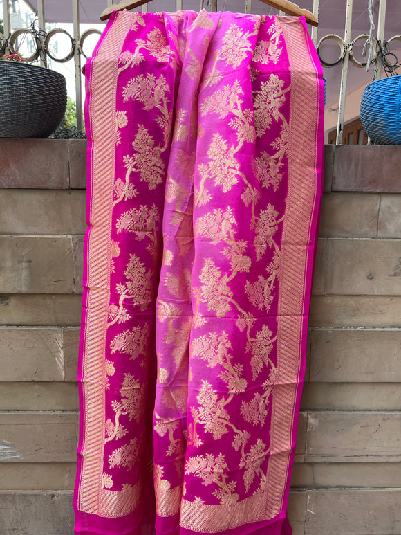 Pink Shaded Pure Banarasi Handloom Georgette Dupatta - Aura Benaras