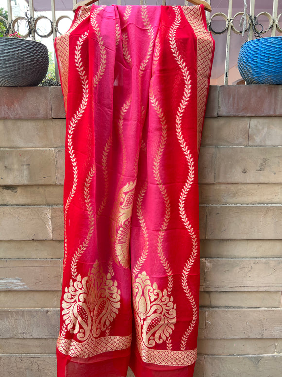 Pink Red Shaded Pure Banarasi Handloom Georgette Dupatta - Aura Benaras
