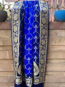 Deep Blue Shaded Pure Banarasi Handloom Georgette Dupatta - Aura Benaras