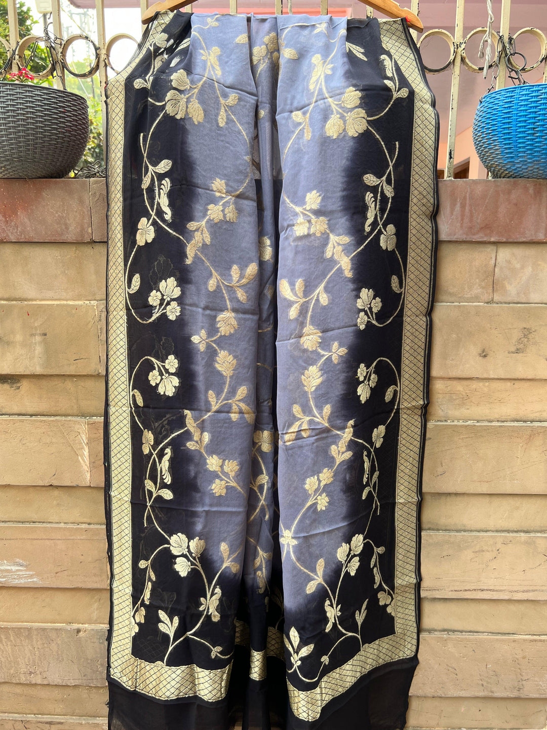 Grey Black Shaded Pure Banarasi Handloom Georgette Dupatta - Aura Benaras