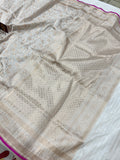 White Pure Banarasi Handloom Katan Silk Saree - Aura Benaras