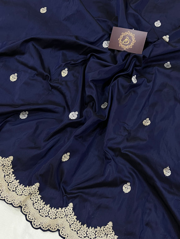 Navy Blue Banarasi Handloom Katan Silk Saree - Aura Benaras