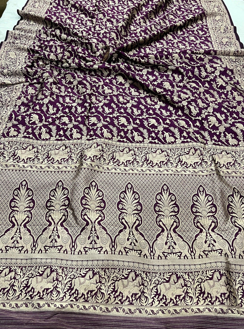 Pure Katan silk Banarasi saree with Shikargaah design, cutwork weaving, and Kadhwa border