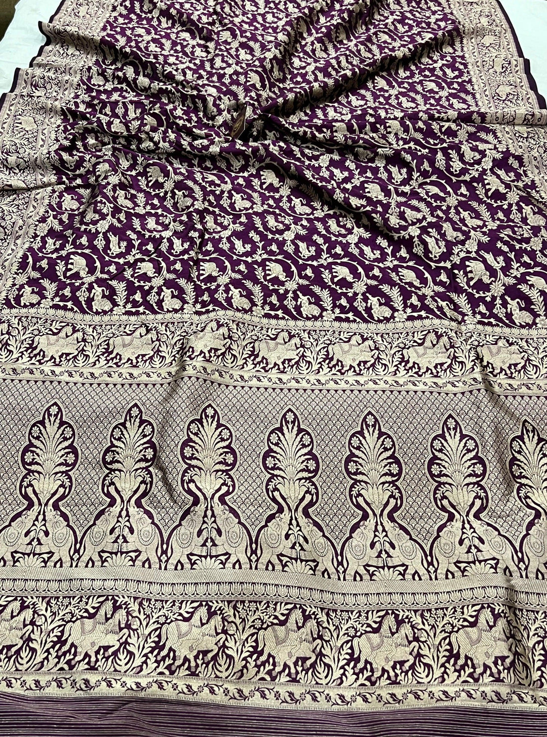 Pure Katan silk Banarasi saree with Shikargaah design, cutwork weaving, and Kadhwa border