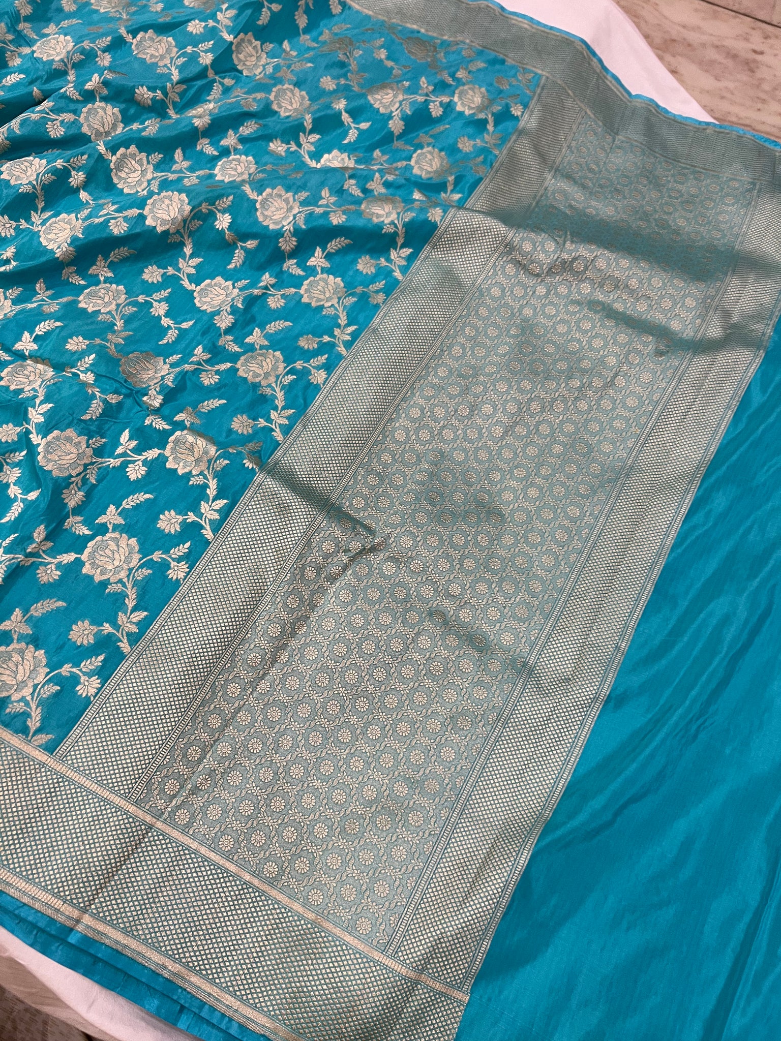 Blue turquoise pure silk saree