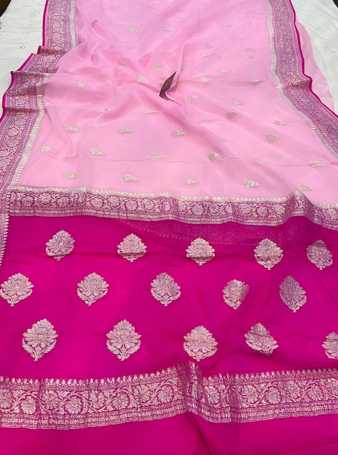 Baby Pink Banarasi Handloom Pure Georgette Silk Saree - Aura Benaras