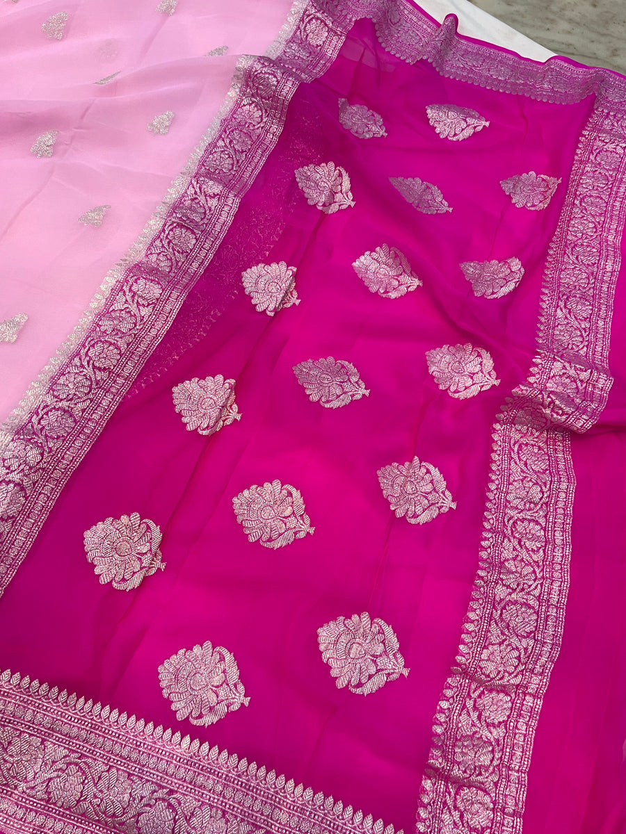 Baby Pink Banarasi Handloom Pure Georgette Silk Saree - Aura Benaras