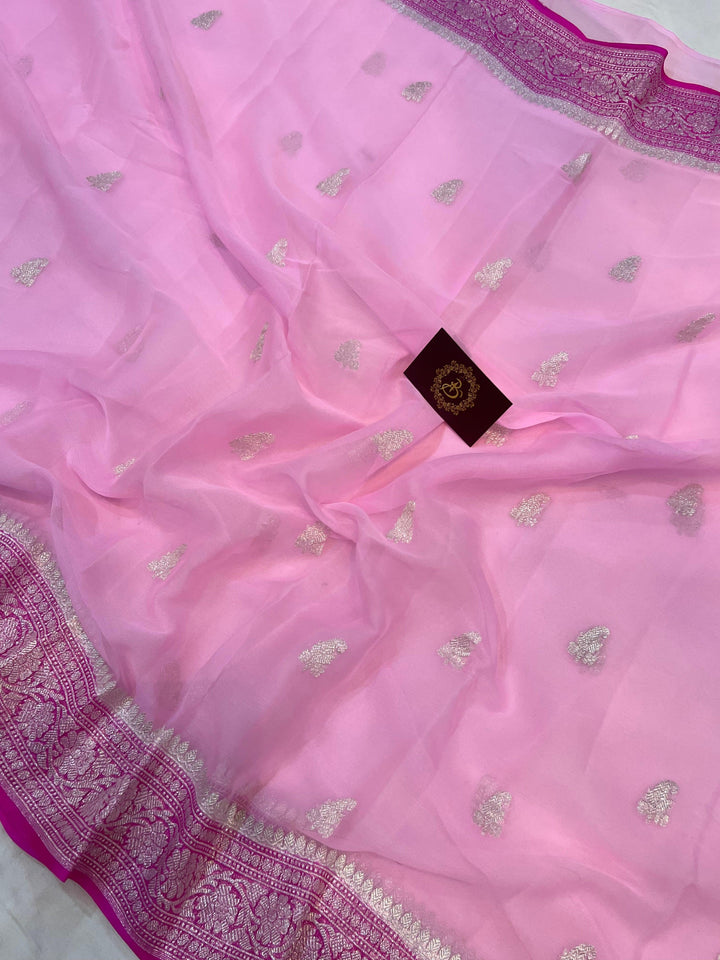 Baby Pink Banarasi Handloom Pure Georgette Silk Saree - Aura Benaras