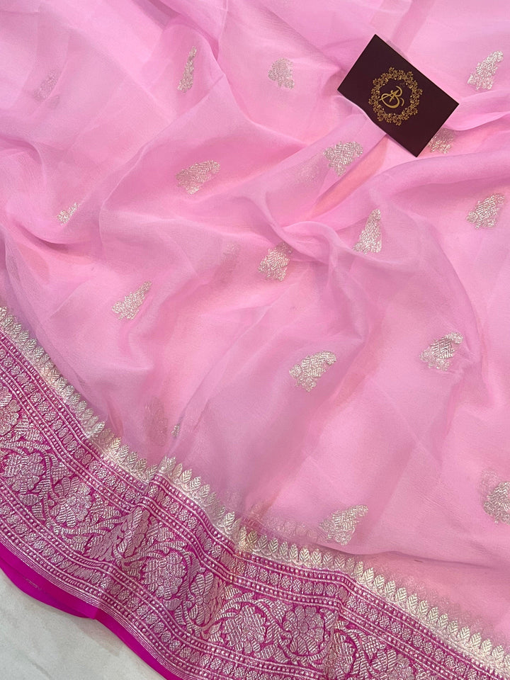 Baby Pink Banarasi Handloom Pure Georgette Silk Saree - Aura Benaras