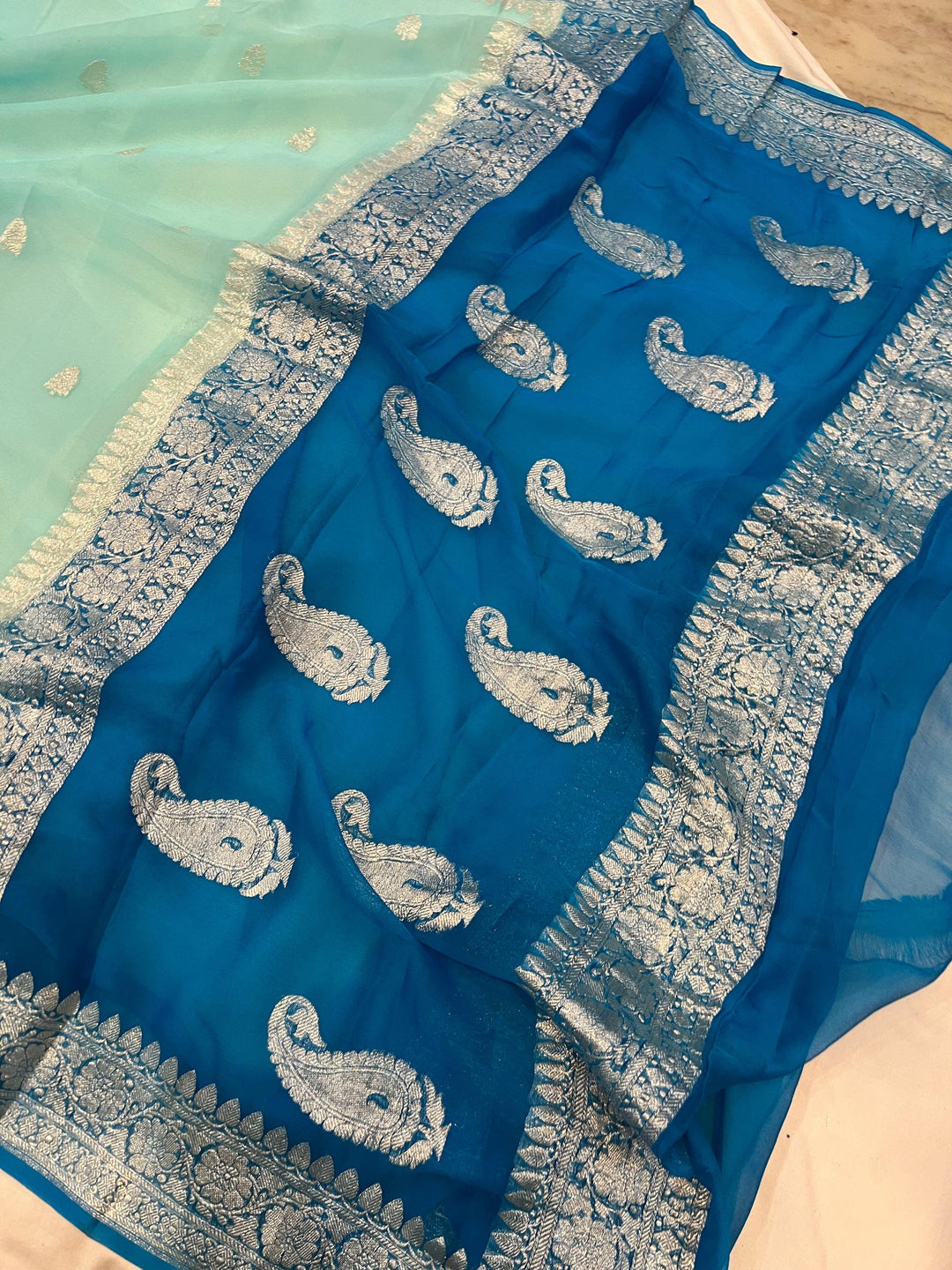 Light Blue Khaddi Chiffon Banarasi Handloom Saree - Aura Benaras