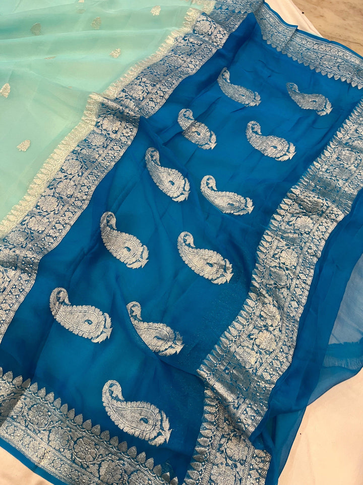 Light Blue Khaddi Chiffon Banarasi Handloom Saree - Aura Benaras