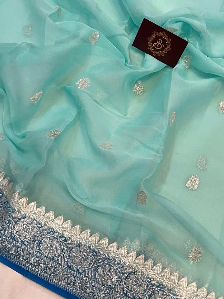 Light Blue Khaddi Chiffon Banarasi Handloom Saree - Aura Benaras