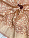 Peach Pure Banarasi Handloom Kora Silk Saree - Aura Benaras