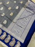 Grey Blue Banarasi Handloom Katan Silk Saree - Aura Benaras
