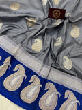 Grey Blue Banarasi Handloom Katan Silk Saree - Aura Benaras