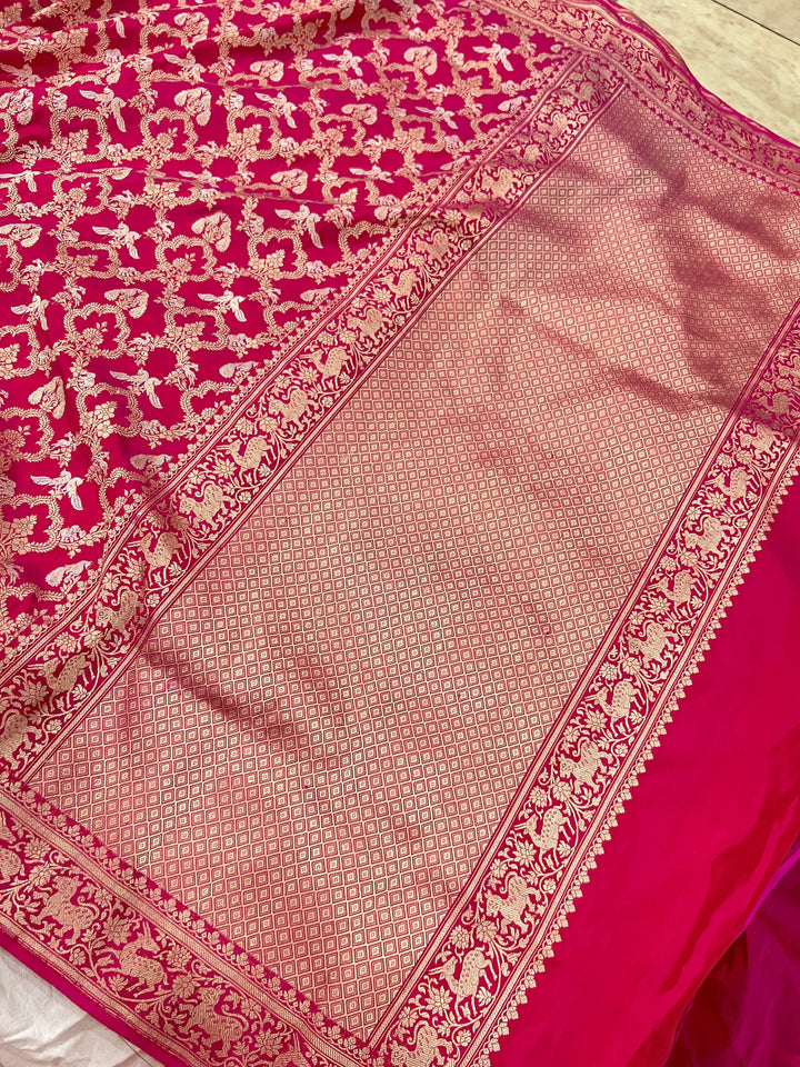 Rani Pink Kadwa Jaal Pure Banarasi Handloom Katan Silk Saree - Aura Benaras